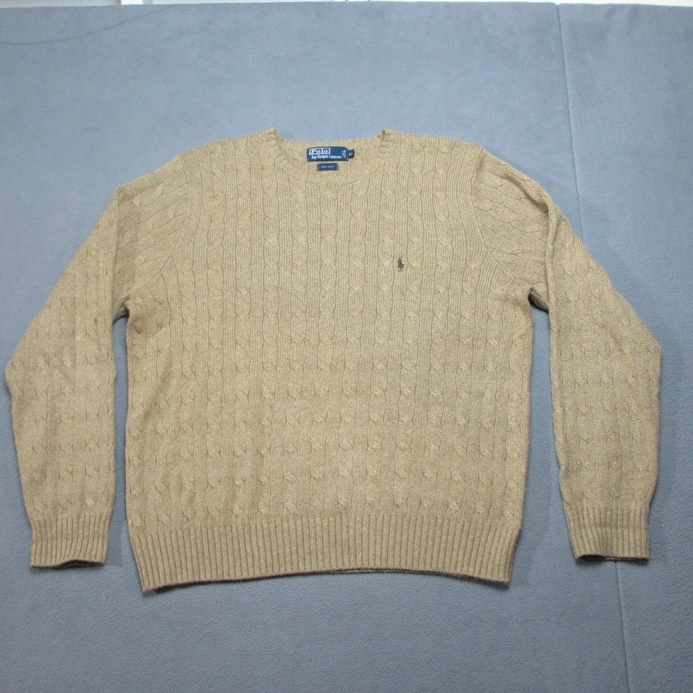 Polo Ralph Lauren Sweater Mens XL Beige 100% Silk Cable Knit Pony Logo Crew Neck